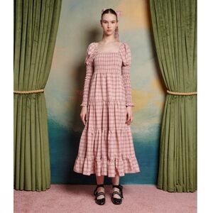 NWT Sister Jane Pointe Check Pink Plaid Smocked Tiered Long Sleeve Midi Dress